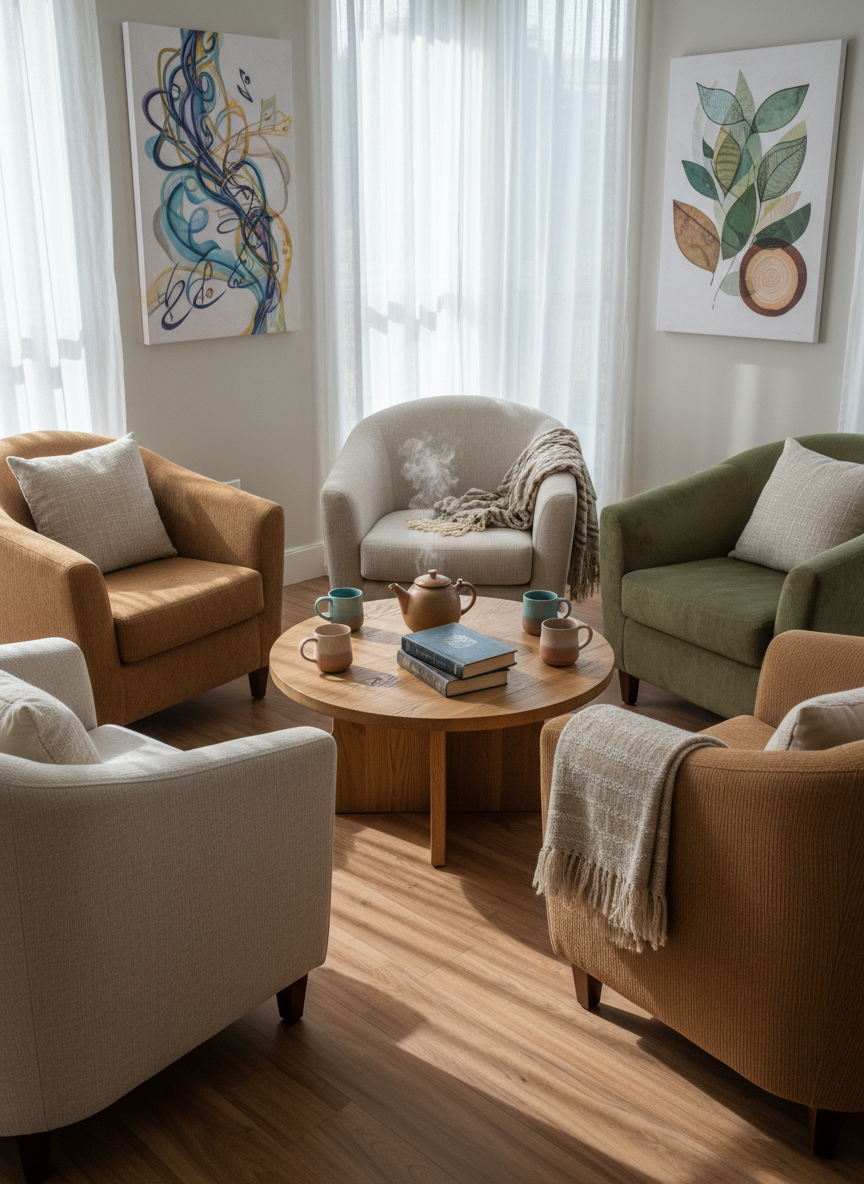 A circular arrangement of plush, earth-toned armchairs in a cozy, modern room, symbolizing a spiritual discussion circle without showing people. In the center, a low wooden coffee table holds a steaming teapot, colorful ceramic mugs, and a small stack of well-worn spiritual books with simple, non-readable covers. Walls are adorned with abstract art inspired by music and nature, in playful yet calming colors. Soft diffused afternoon light filters through sheer curtains, creating gentle shadows. Photographic realism, shot from a slightly elevated angle with sharp focus throughout, conveying warmth, safety, and open-hearted conversation in a welcoming church community.