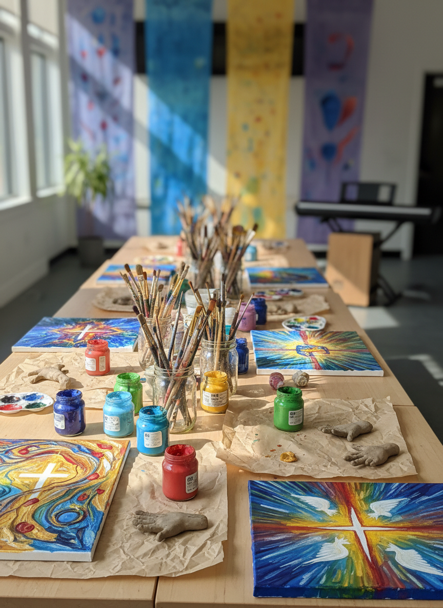 A bright, contemporary multi-purpose room representing church community life without people: long light-ash tables are covered with art supplies—acrylic paints in small jars, brushes in mason jars, unfinished canvases with vibrant abstract spiritual themes, and a few handmade clay sculptures drying on parchment. At one end, a sleek keyboard and a wooden cajón sit ready for music. Sunlight streams through large unseen windows, creating patches of brightness across the tables and a subtle bokeh of colorful banners in the background. Photographic realism, captured from a diagonal angle down the row of tables, mood energetic yet peaceful, suggesting shared creativity, fellowship, and belonging.